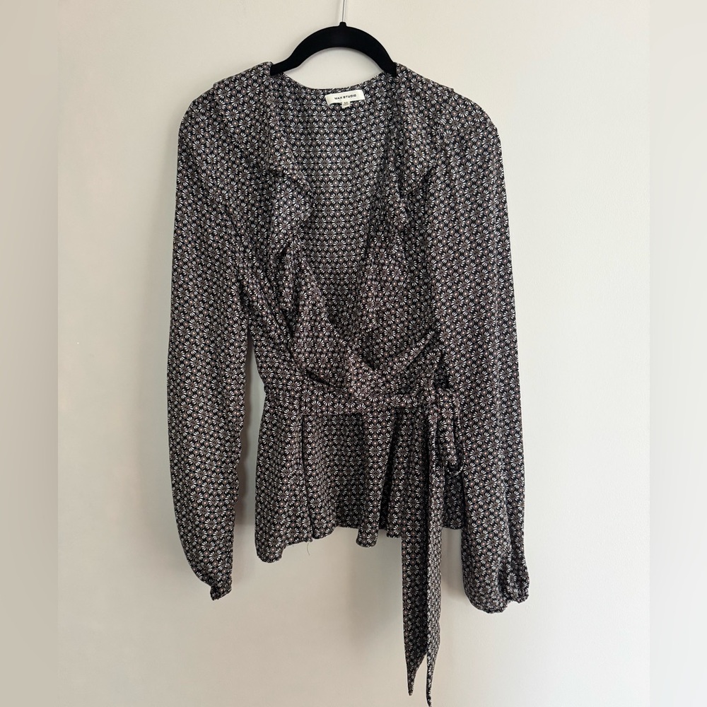 Max Studio Black and White Wrap Blouse with Ruffled Tie Front